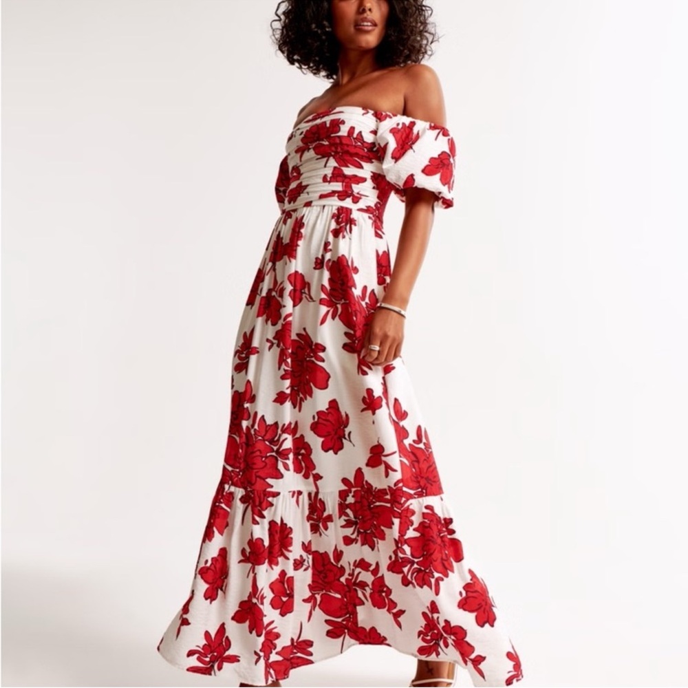 Abercrombie & Fitch Emerson Off-The-Shoulder Maxi Dress Red Floral Size M NWT